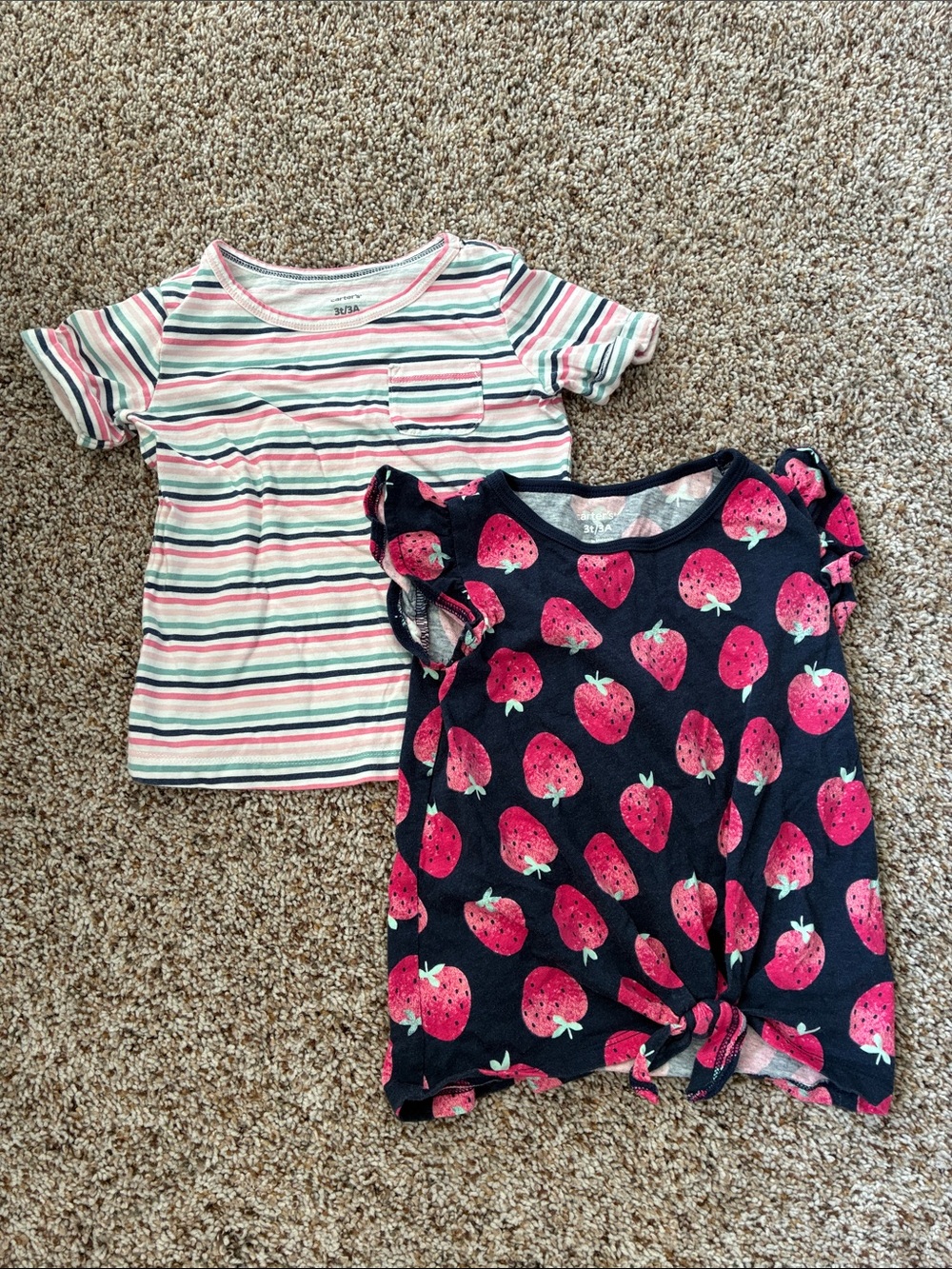 2-Pack Girls' Short Sleeve Tops - Navy Strawberry & Pink Stripe